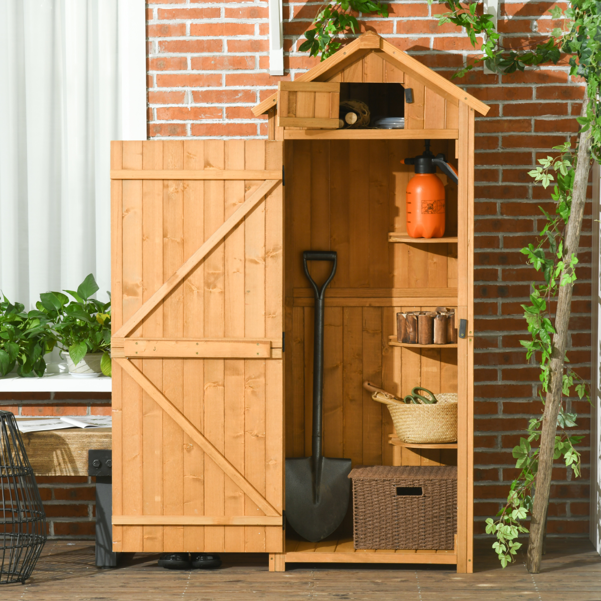 Brown Wooden Garden Shed with 3 Shelves, Weather-Resistant Outdoor Storage - Image 2