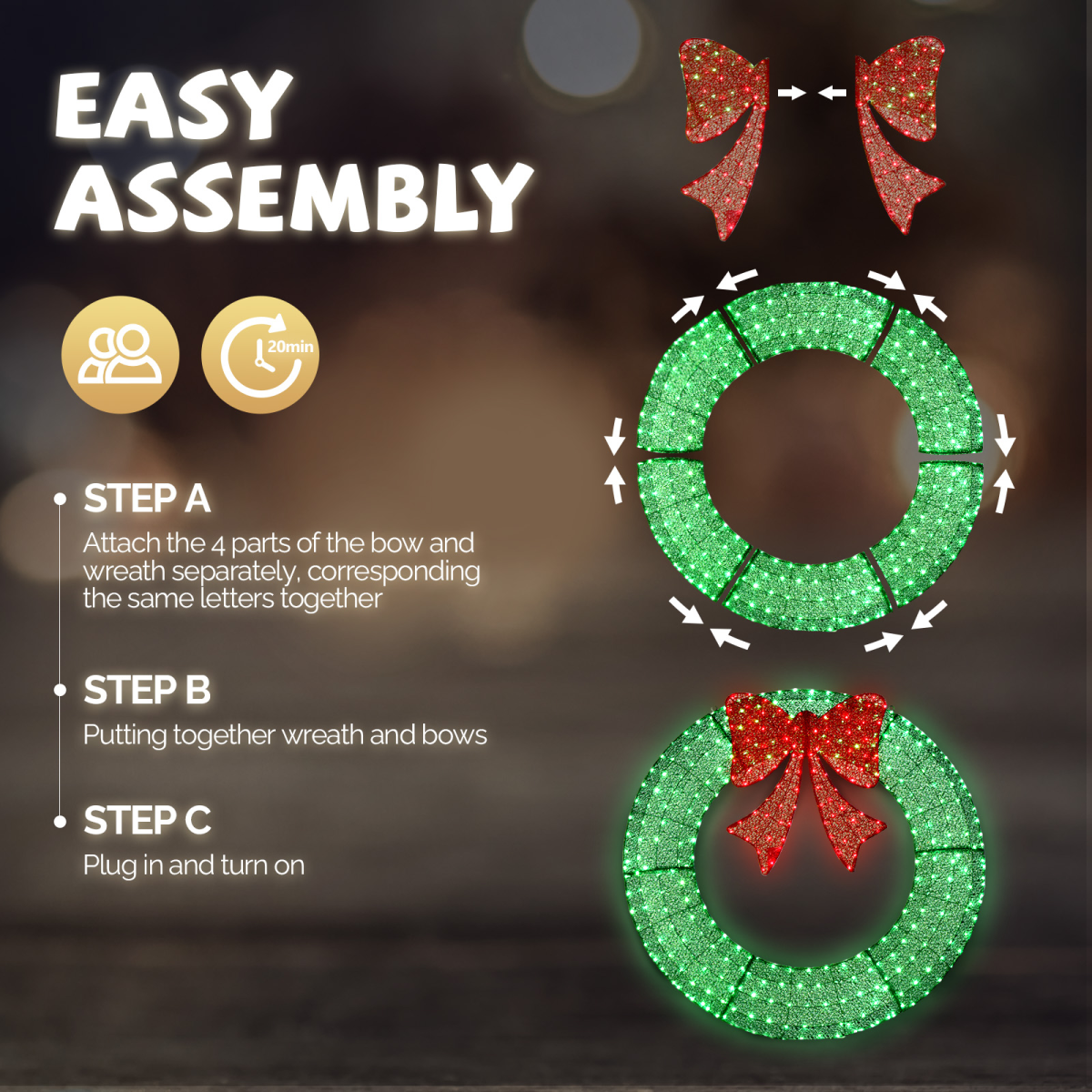 120cm Pre-lit Outdoor Christmas Wreath Decoration, Lighted Metal Wreath with Red Bow, Remote Control LED Lights with Timer, for Front Door Gate Wall Indoor Outdoor Holiday Party, Green - Image 2
