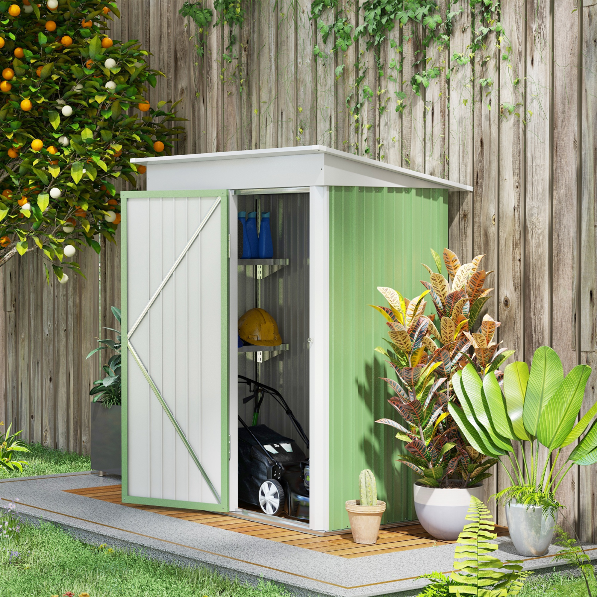 Outsunny 5x3 ft Lean-to Steel Garden Shed, Lockable Door, Green, Small Storage - Image 2
