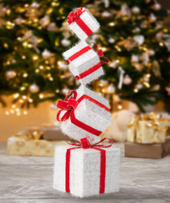 3FT Lighted Gift Box Tower, Pre-lit Stacked Present Boxes Ornament with 80 LED Warm White Lights and Stakes for Christmas Outdoor Indoor Decorations Lighted Holiday Displays