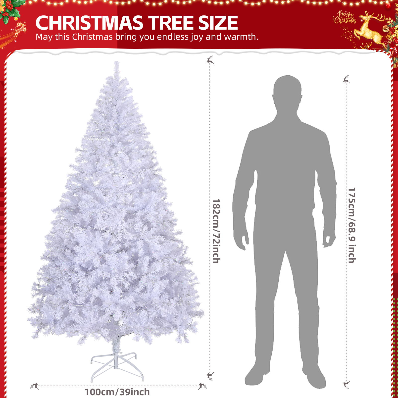 6 FT Artificial Christmas Tree with DIY 100 Warm Lights Battery Operated, 800 Branch Tips and Sturdy Metal Stand, White - Image 2