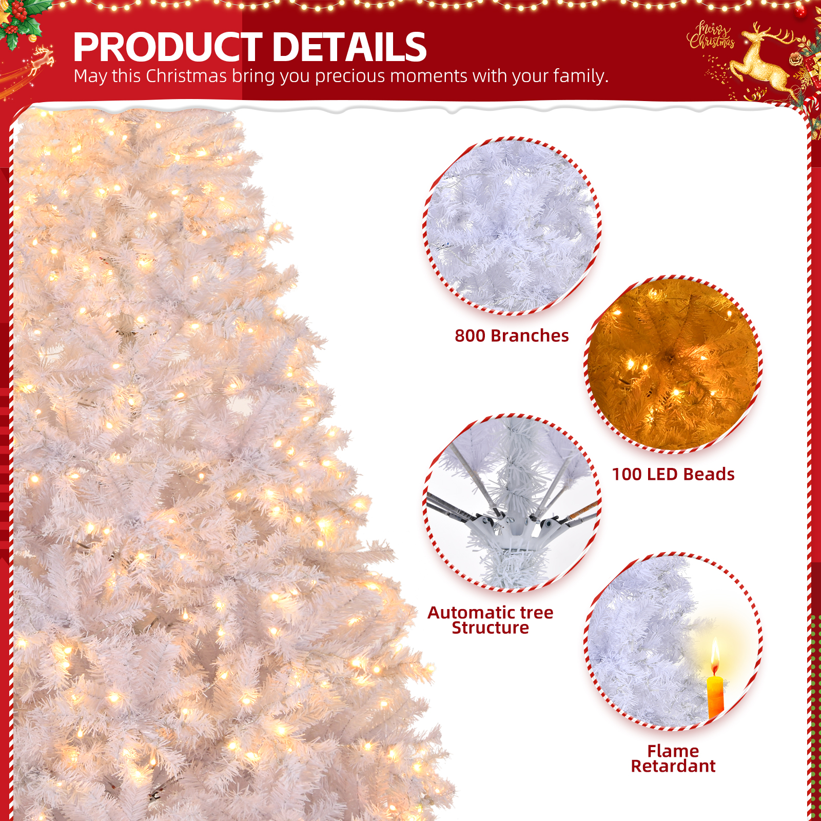 6 FT Artificial Christmas Tree with DIY 100 Warm Lights Battery Operated, 800 Branch Tips and Sturdy Metal Stand, White - Image 3
