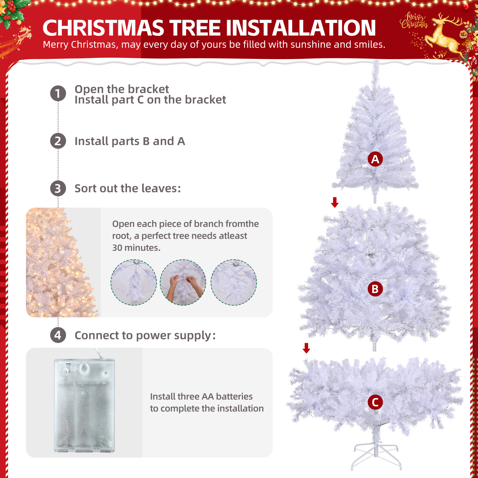 6 FT Artificial Christmas Tree with DIY 100 Warm Lights Battery Operated, 800 Branch Tips and Sturdy Metal Stand, White - Image 4