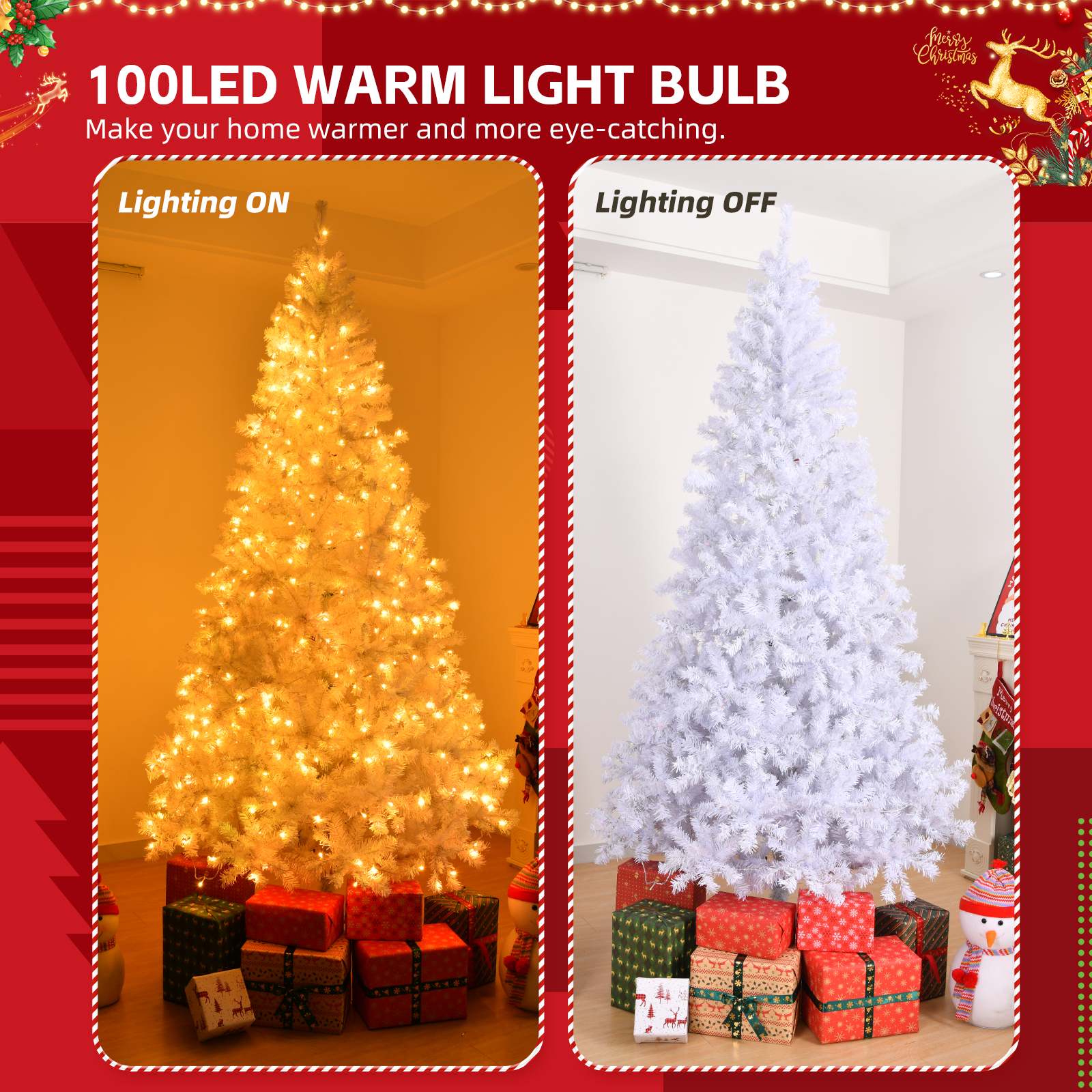 6 FT Artificial Christmas Tree with DIY 100 Warm Lights Battery Operated, 800 Branch Tips and Sturdy Metal Stand, White - Image 6