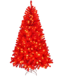 6 FT Artificial Christmas Tree with DIY 100 Warm Lights Battery Operated, 750 Branch Tips and Sturdy Metal Stand, Red
