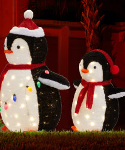 2-Piece Lighted Plush Penguins Christmas Yard Decorations, Set of 2 Pre-lit Pull Up Penguins with 150 Warm White LEDs, Multi-color Light String and Stakes for Xmas Outdoor Holiday Indoor Decor