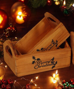 Durable & Stackable Vintage Brown Merry Xmas Storage Crate with Compartments Set of 2 – Stylish Display Containers for Home Organization, Garden-Themed, and Home Decor (Merry Christmas Design)