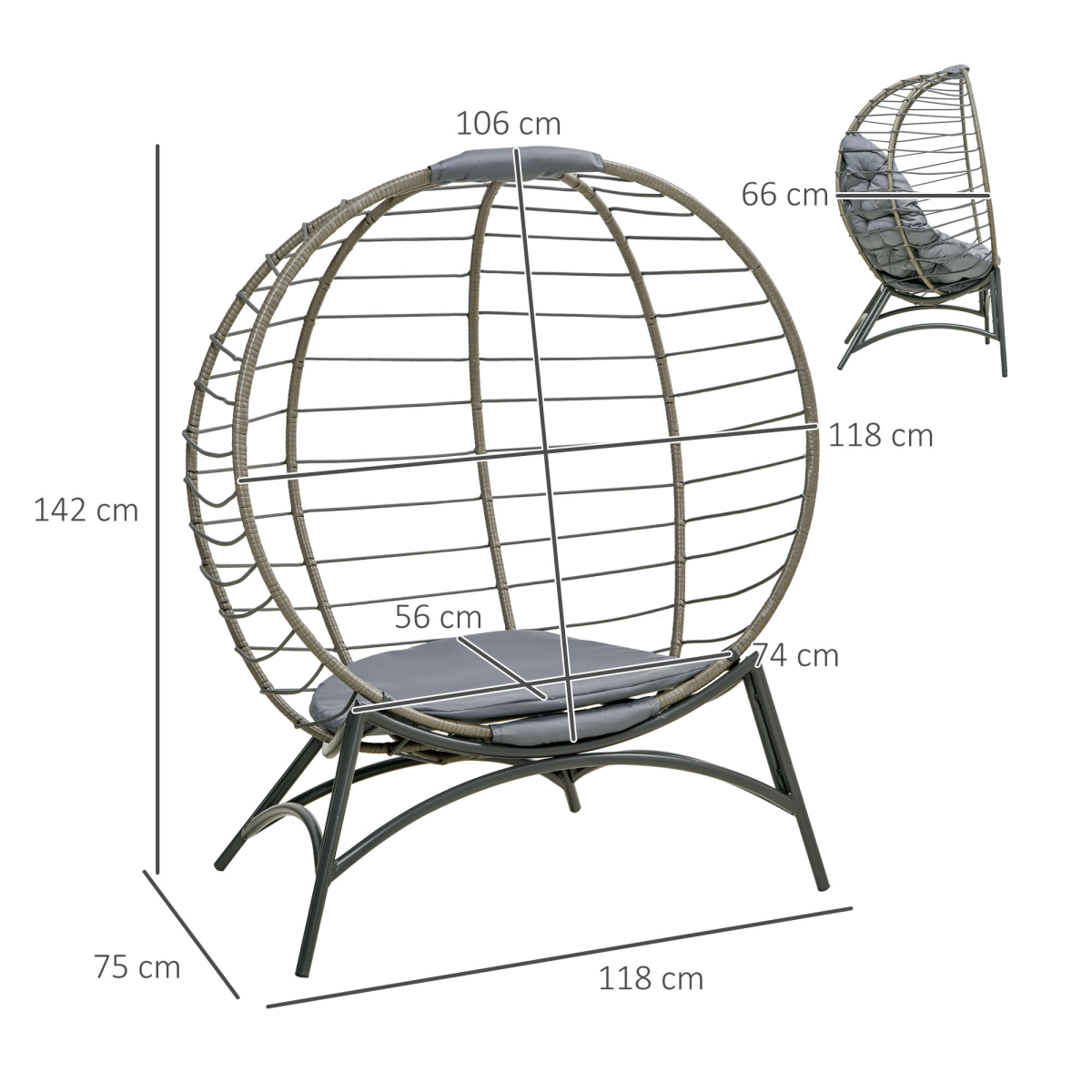 Outsunny Rattan Egg Chair with Cushion & Folding Bottle Holder Basket Bag - Image 3