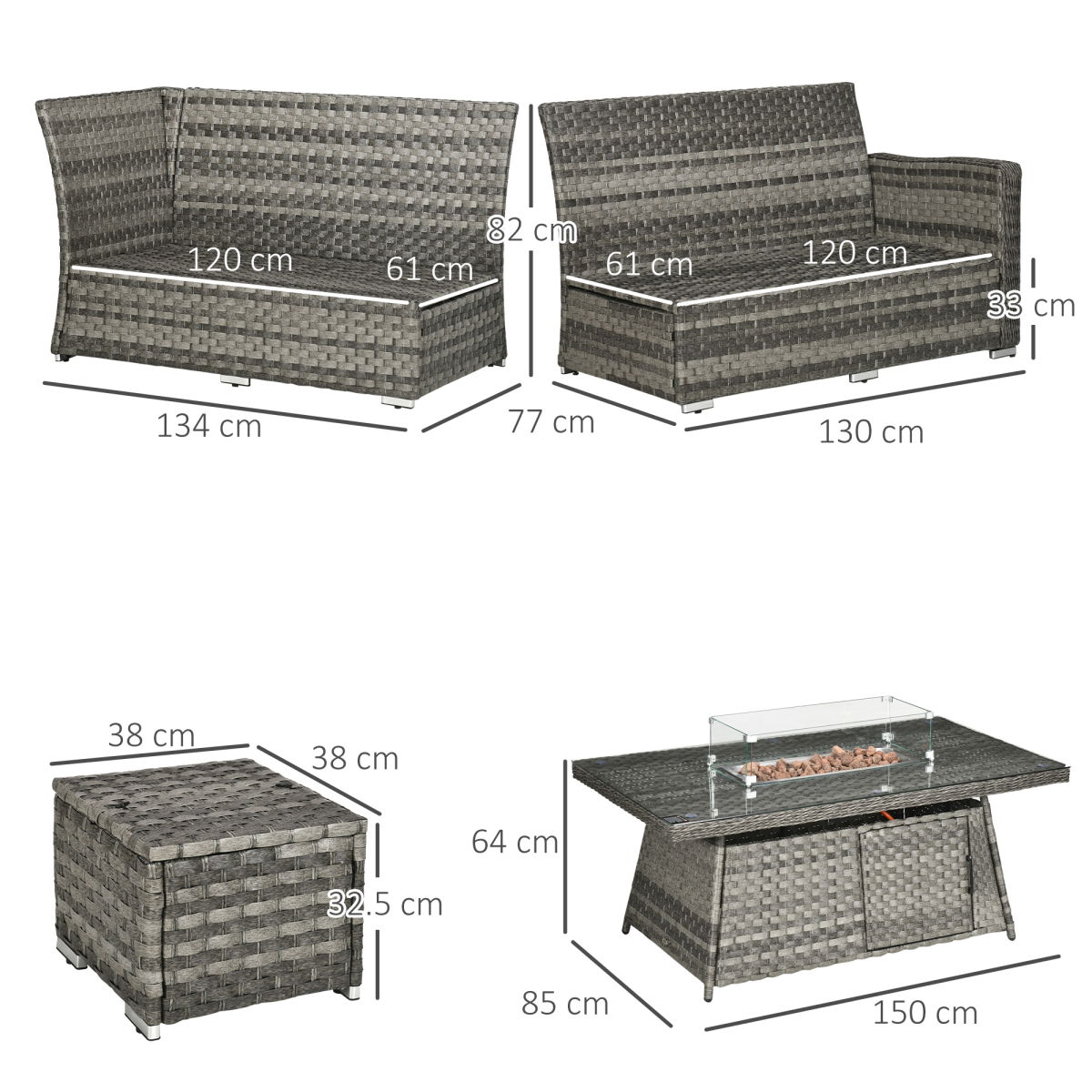 Outsunny 7-Piece Rattan Patio Set w/ 50,000 BTU Gas Fire Pit Table - Image 3