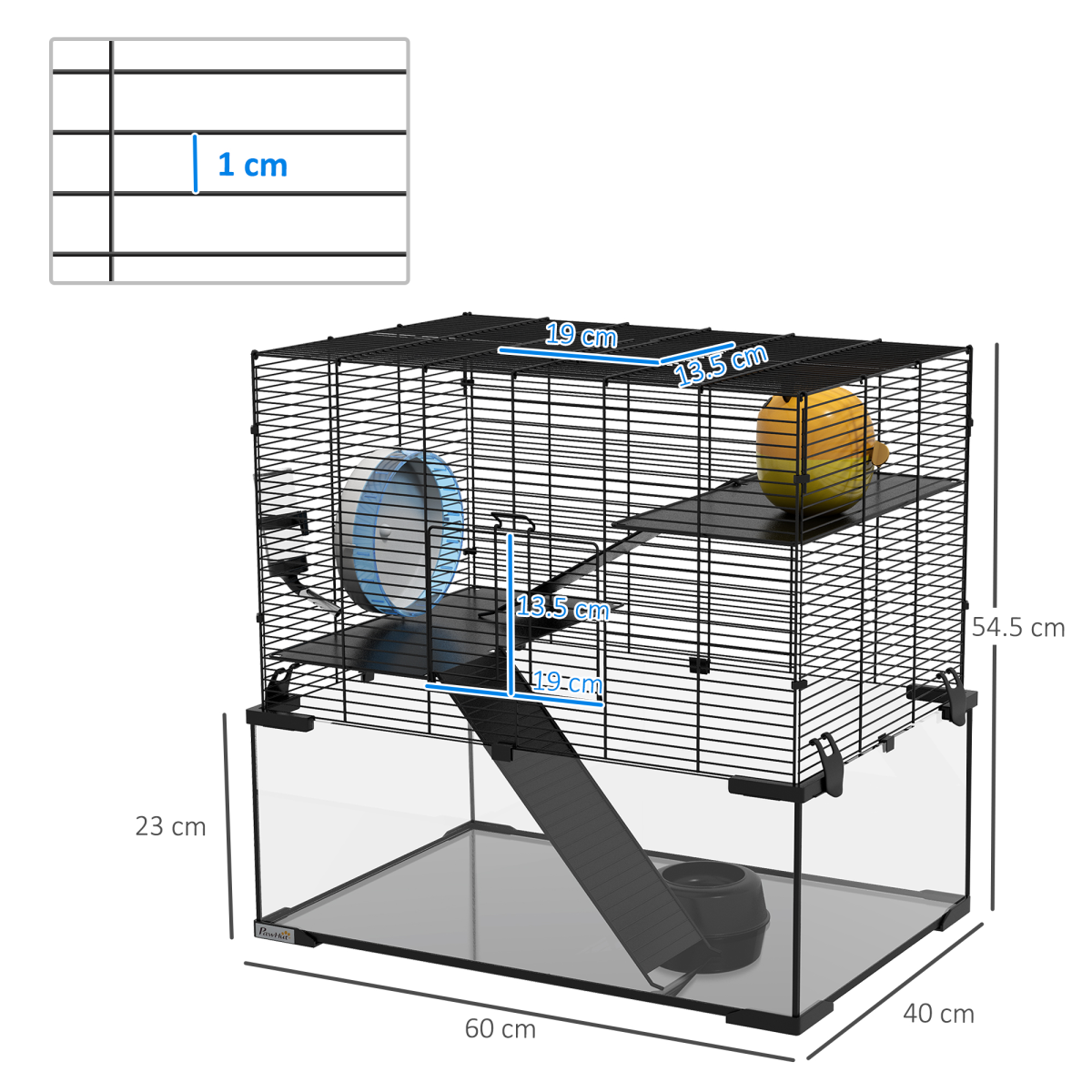 3 Tiers Hamster Cage w/ Deep Glass Bottom, Dish, Hut, 60 x 40 x 57cm - Image 3