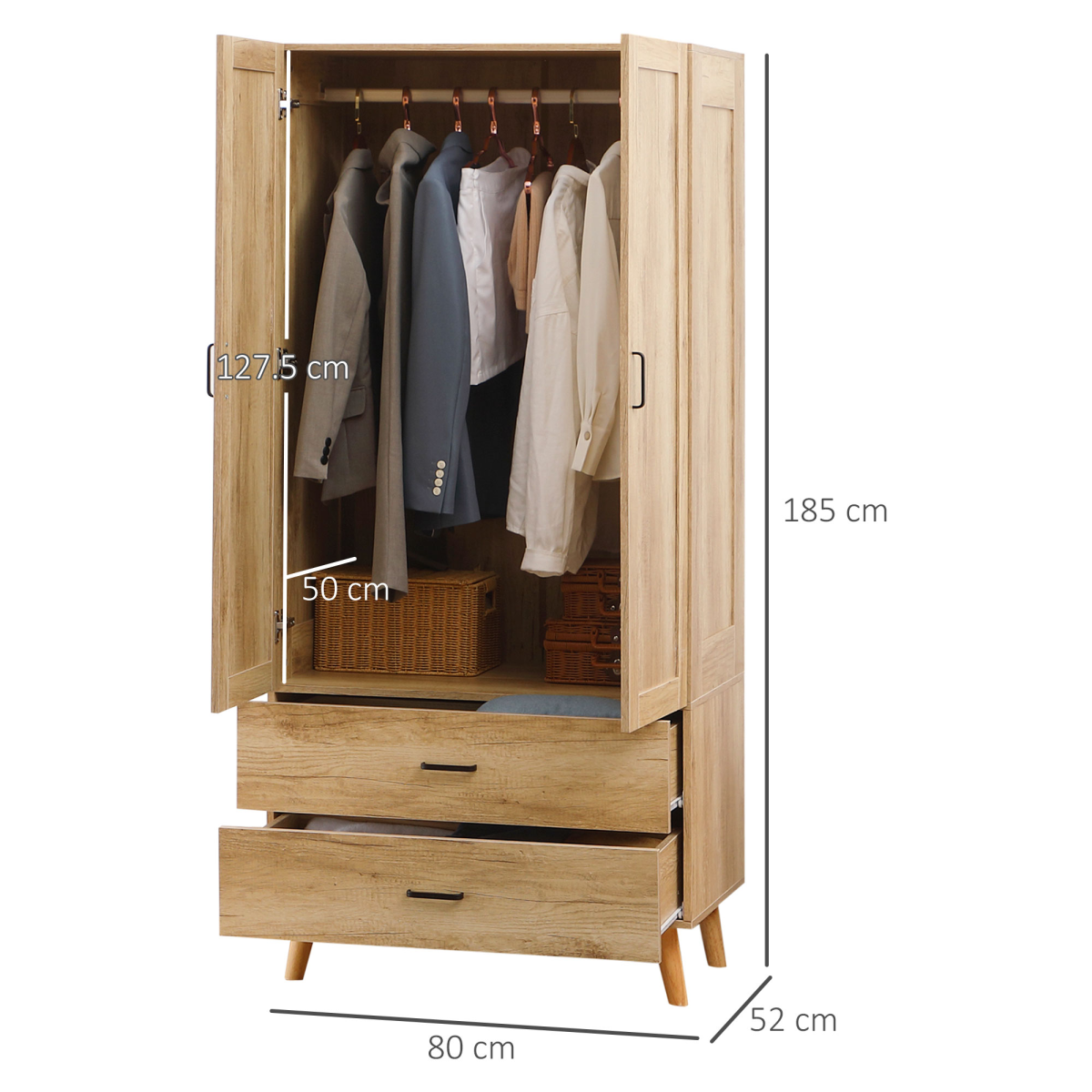 2 Door Wardrobe, Modern Wardrobe w/ 2 Drawer, Hanging Rail for Bedroom Natural - Image 3