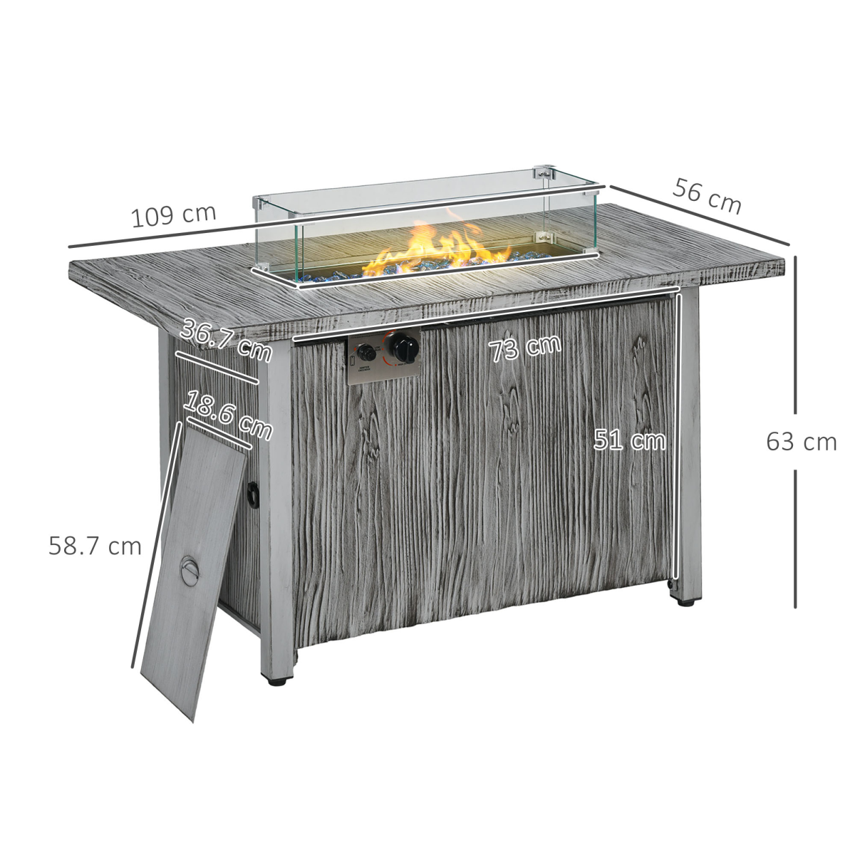 Outsunny Grey Gas Fire Pit Table w/ 50,000 BTU Burner, Cover & Glass Screen - Image 3