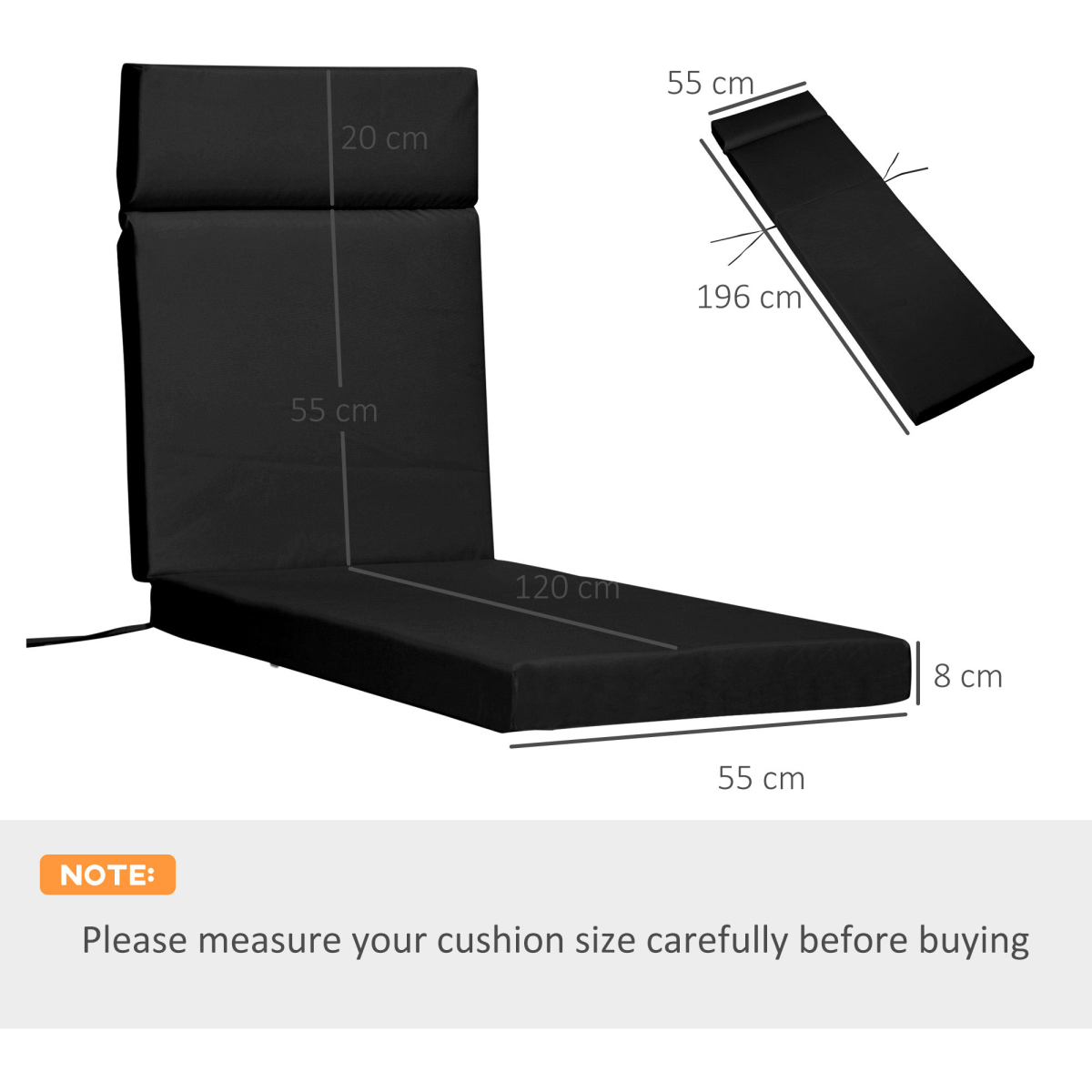 Set of 2 Lounger Cushions Deep Seat Patio Cushions with Ties Black - Image 3