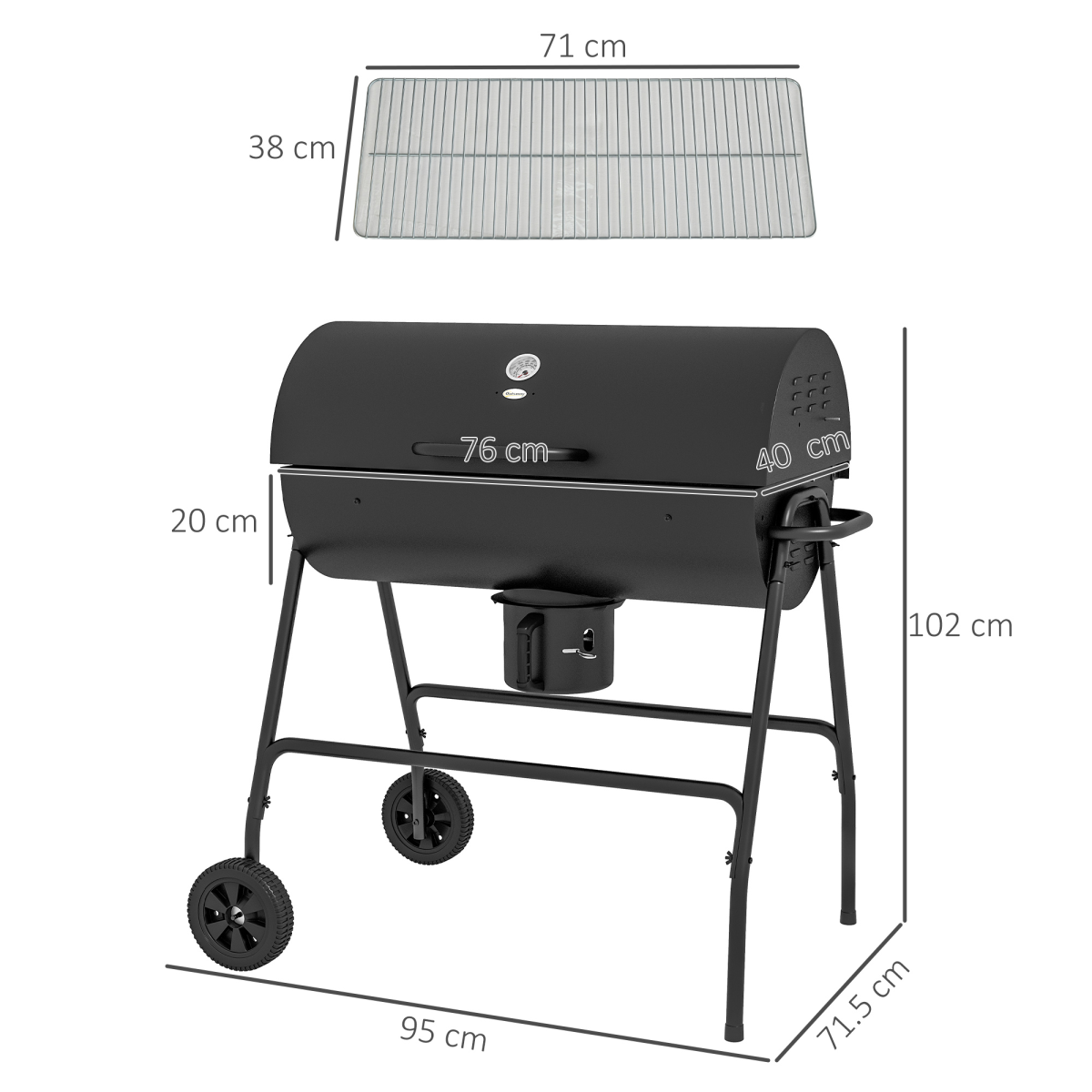 Outsunny Barrel Charcoal BBQ Grill Trolley w/ Ash Catcher & Thermometer, Black - Image 3