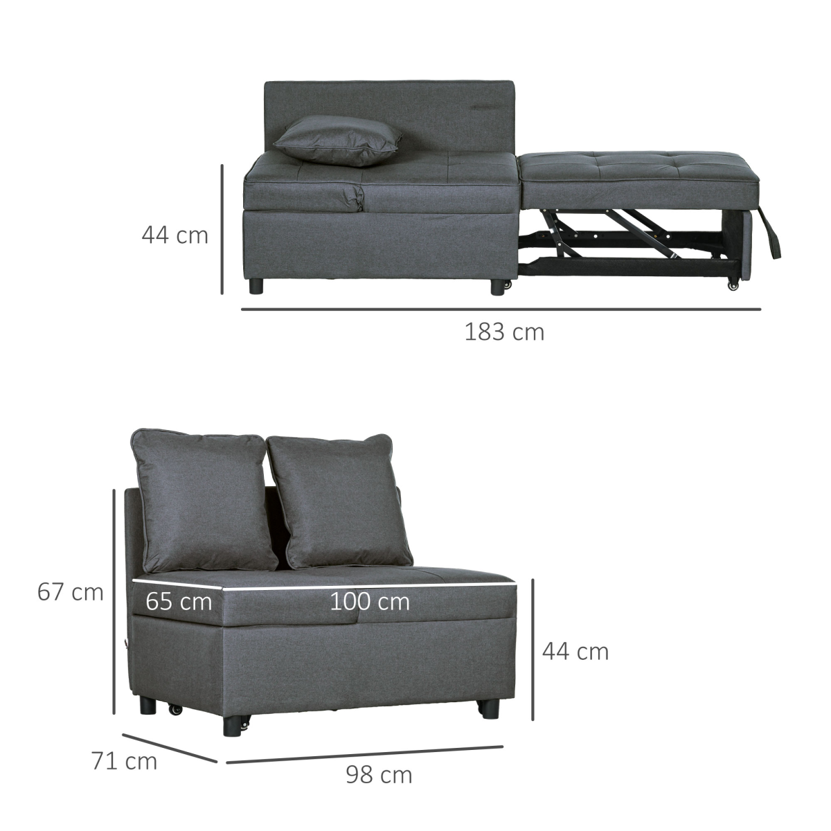 HOMCOM Folding Sleeper Sofa Bed Chair with Pillows, Pocket, Grey - Image 3