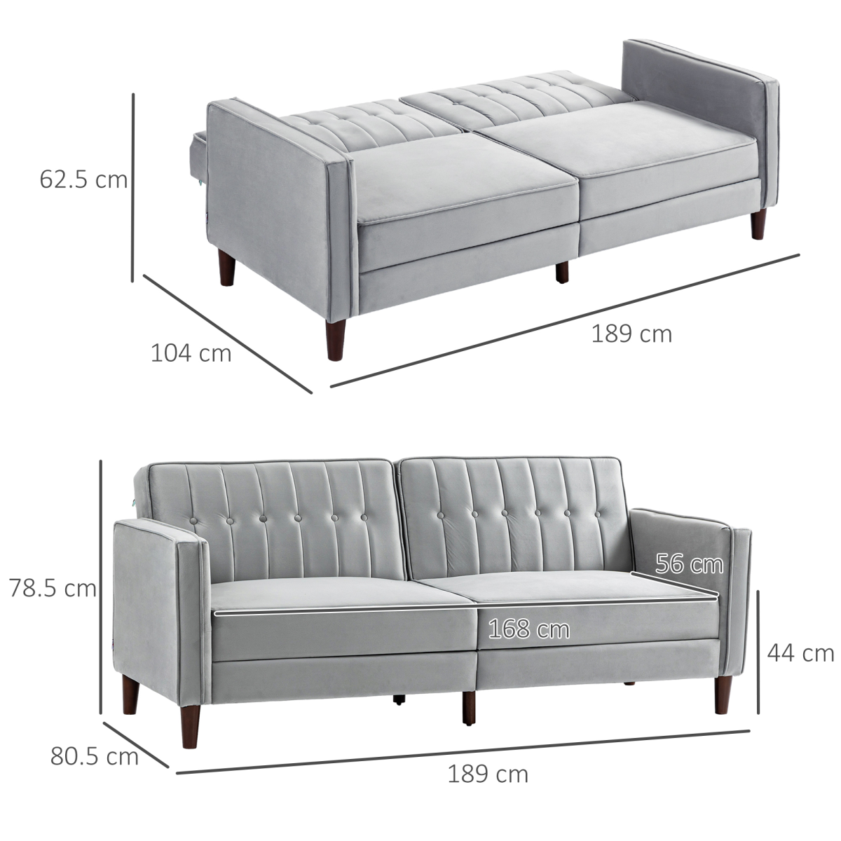 HOMCOM Convertible Sofa Futon Velvet-Touch Tufted Couch Sofa Bed Split Back Grey - Image 3