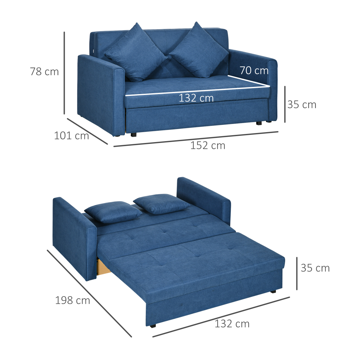 HOMCOM 2 Seater Sofa Bed Convertible Bed Settee w/ 2 Cushions Storage Blue - Image 3
