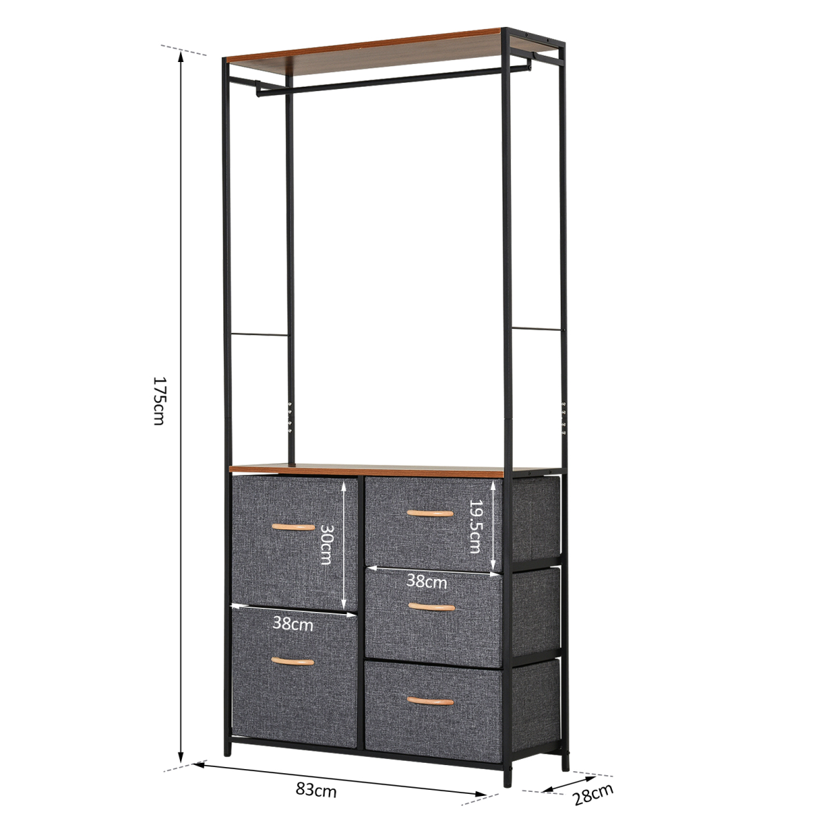 175x83cm Freestanding Steel Coat Rack with Drawers & Oak Shelf - Image 3