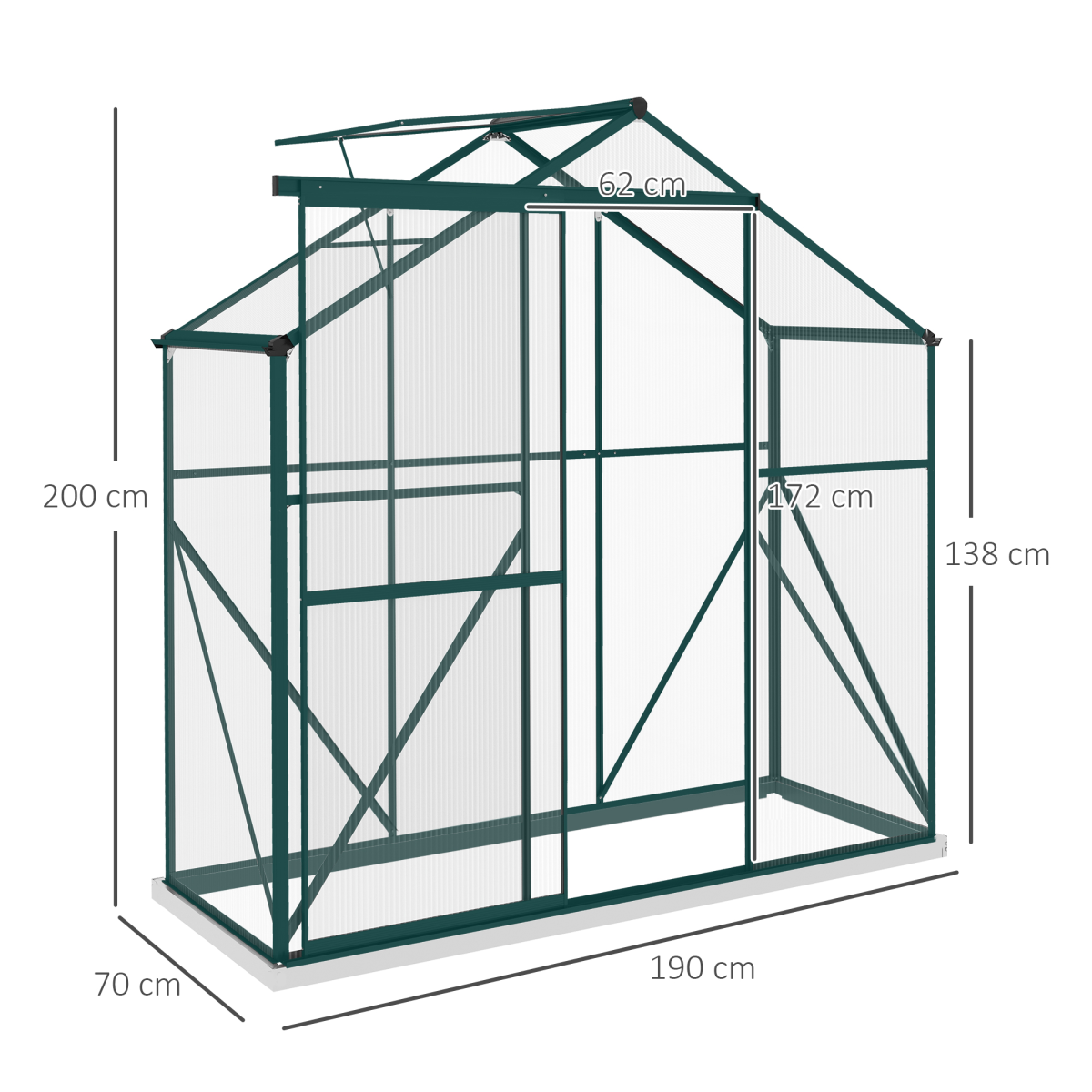 Outsunny 6 x 2.5ft Polycarbonate Greenhouse Aluminium Green House, Green - Image 3