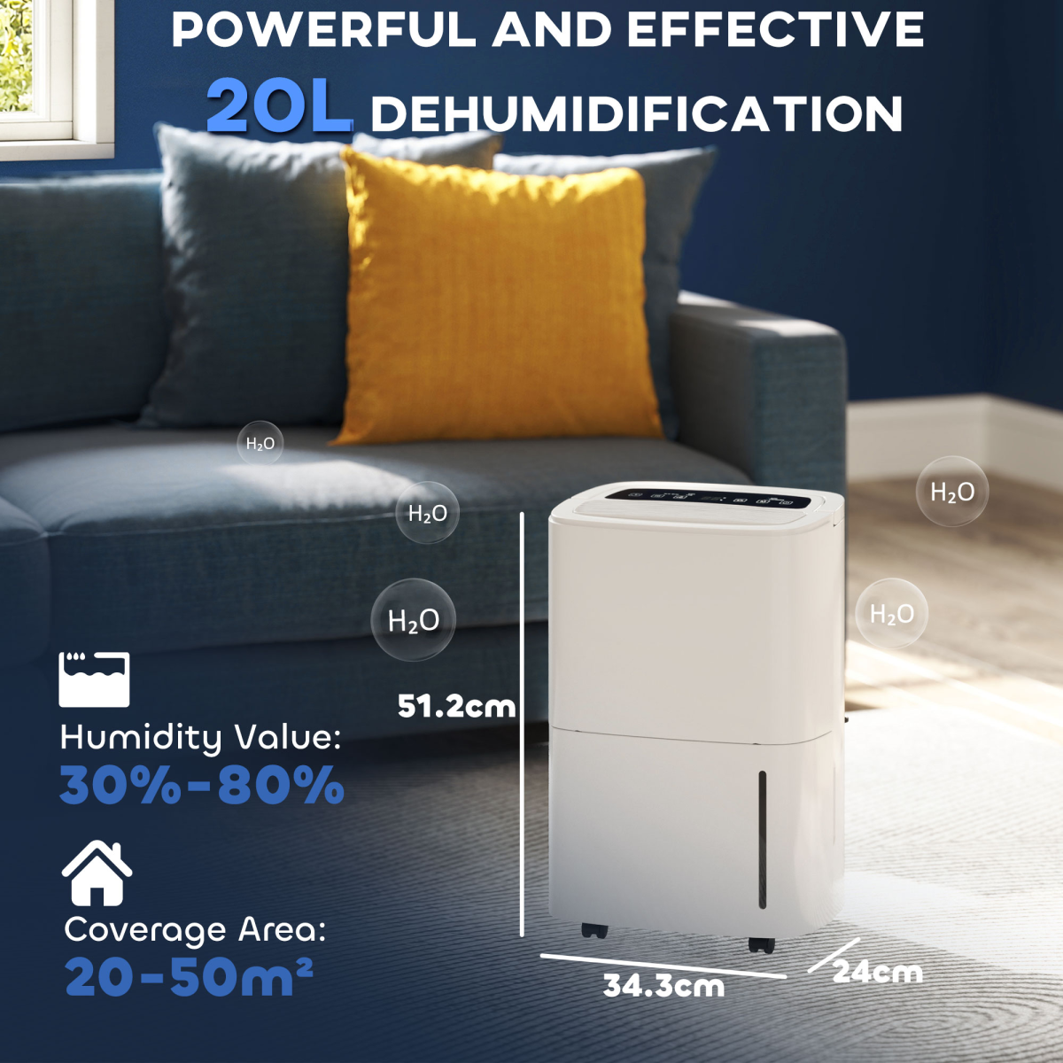 HOMCOM 20L/Day Dehumidifier with Continuous Drainage, 5L Water Tank, Timer - Image 3