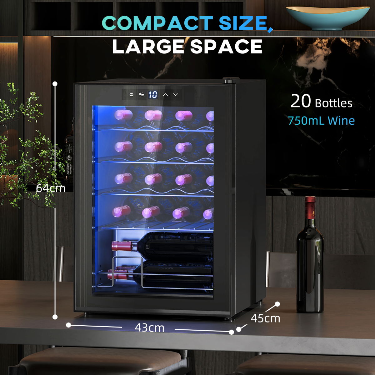 20-Bottle Freestanding Wine Cooler with UV Glass Door & Blue LED - Image 3