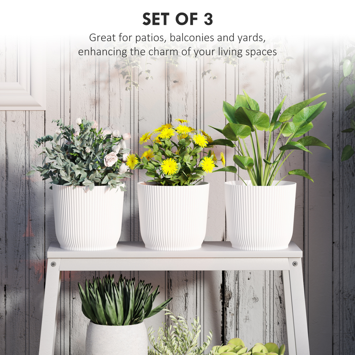 Outsunny 3-Pack Round Plant Pots 22cm White Stackable Outdoor Garden - Image 3