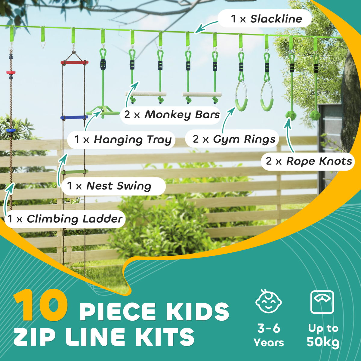 AIYAPLAY Obstacle Course for Kids with 10PCs Slackline Kit, Green - Image 3