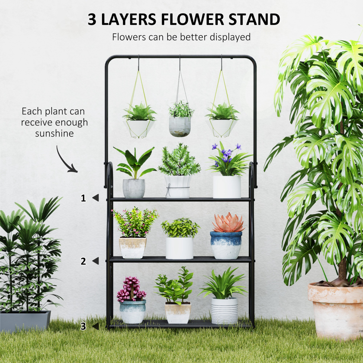 Outsunny 3-Tier Metal Plant Stand w/ Hanging Hooks, Outdoor Balcony, Black - Image 3