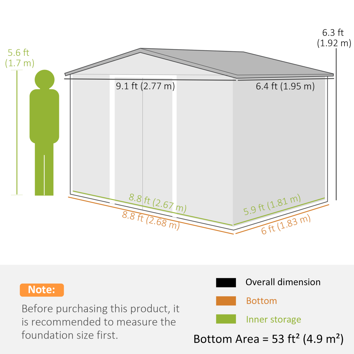 9x6FT Green Metal Storage Shed w/ Foundation, Vent & Sliding Double Doors - Image 3