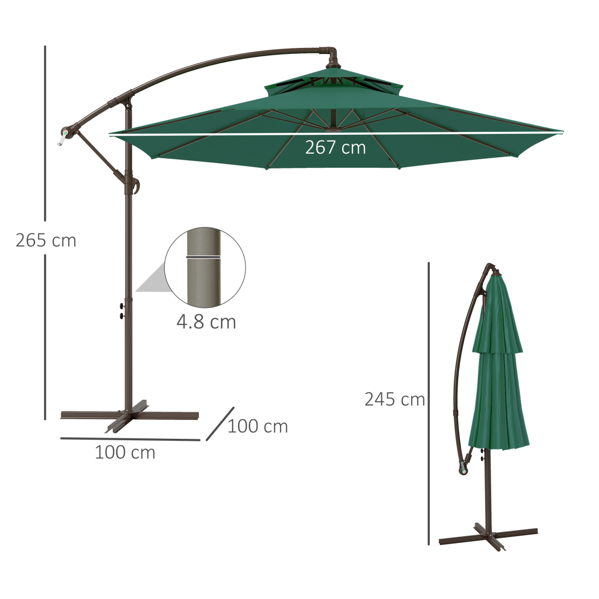 2.7m Green Cantilever Banana Parasol Crank Handle Double Tier Umbrella - Image 3