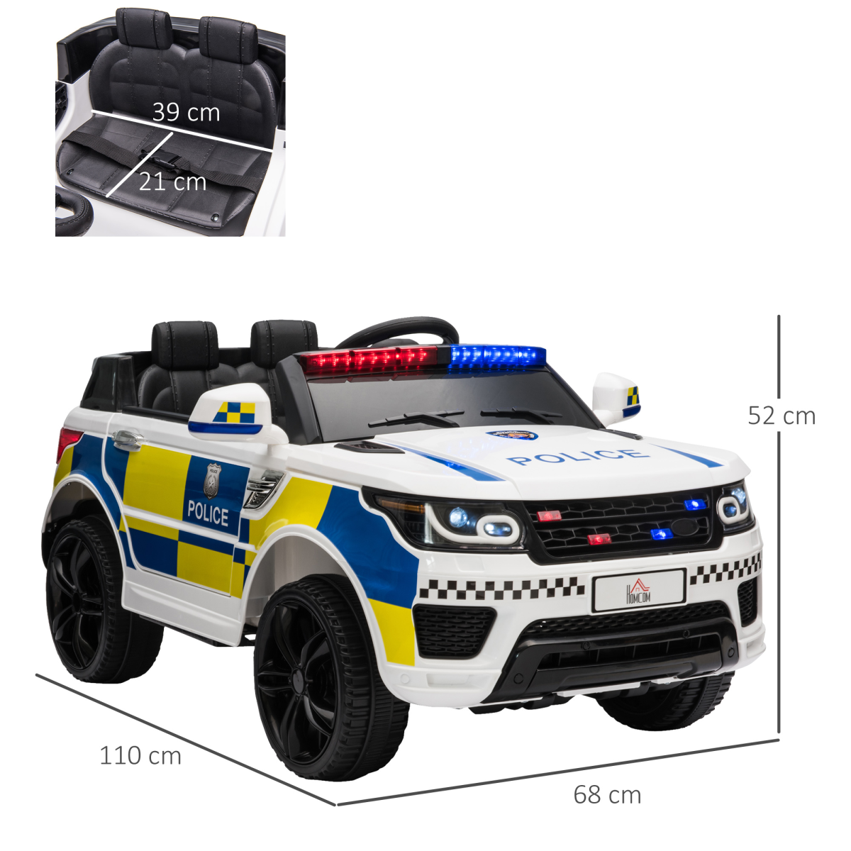 12V Kid Electric Ride On Police Car w/ Remote Siren Bluetooth 3-6 Years HOMCOM - Image 3
