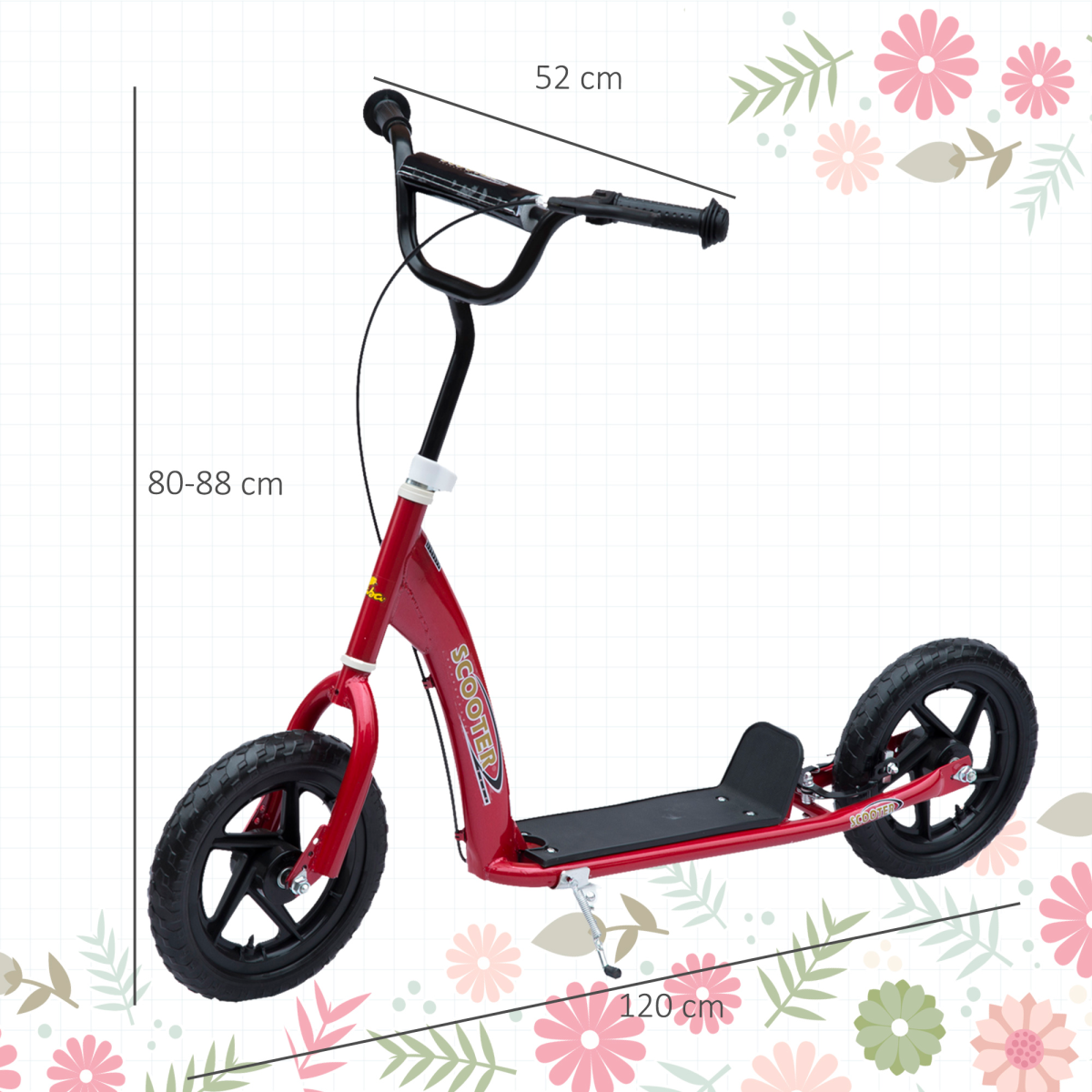 Push Scooter Teen Kids Stunt Bike Ride On with 12" EVA Tyres, Red HOMCOM - Image 3