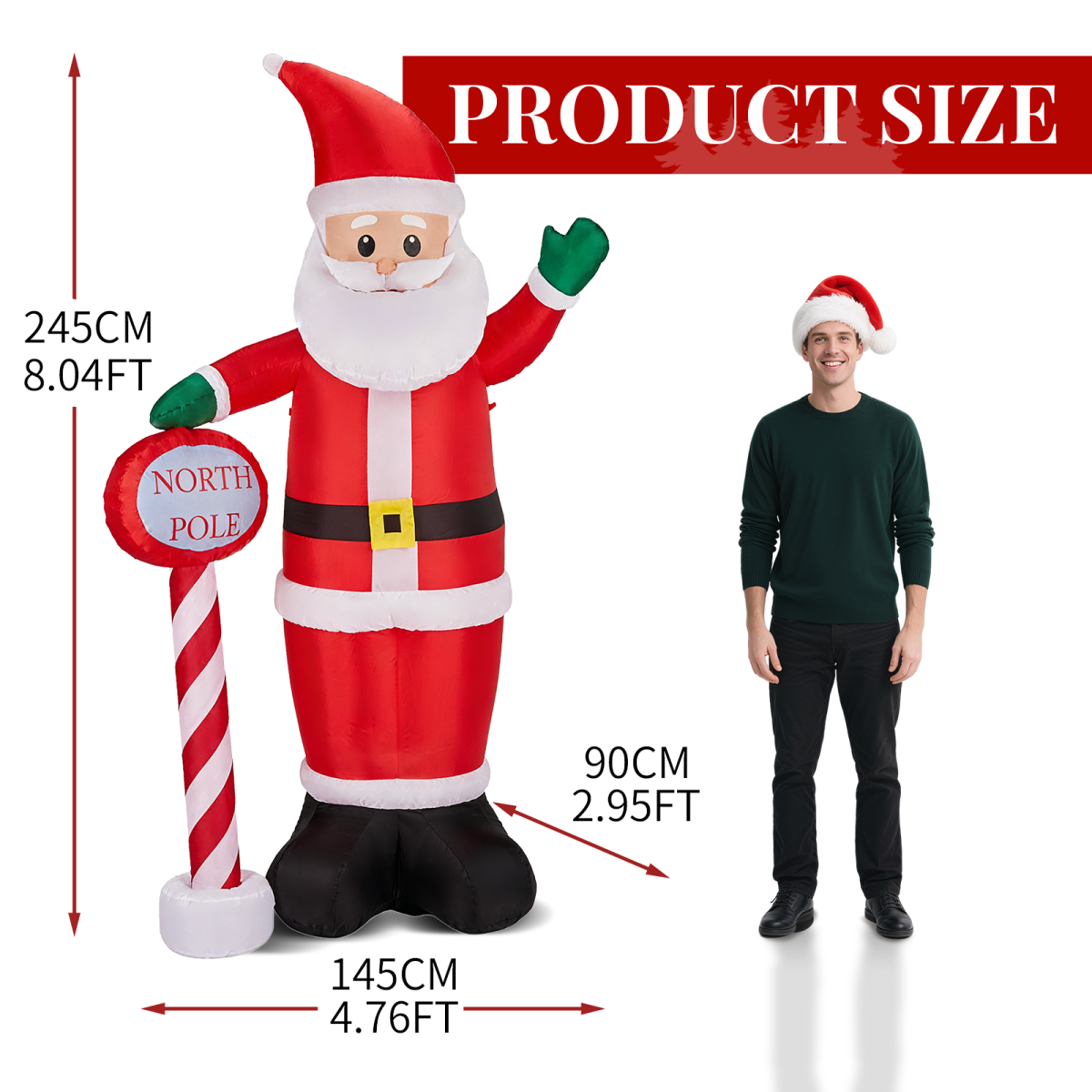 2.45M Lighted Christmas Inflatable Decoration, Inflatable Santa with North Pole Road Sign, Funny Blow Up Yard Decorations with Built-in LED Lights for Holiday Party Front Yard Lawn Garden Decor - Image 4