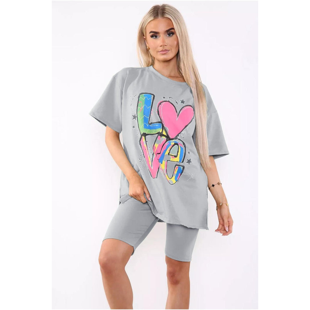 Cycling Short and T-Shirts Co-Ord Two Piece Side Slit Set with Front Printed Slogan - Image 2
