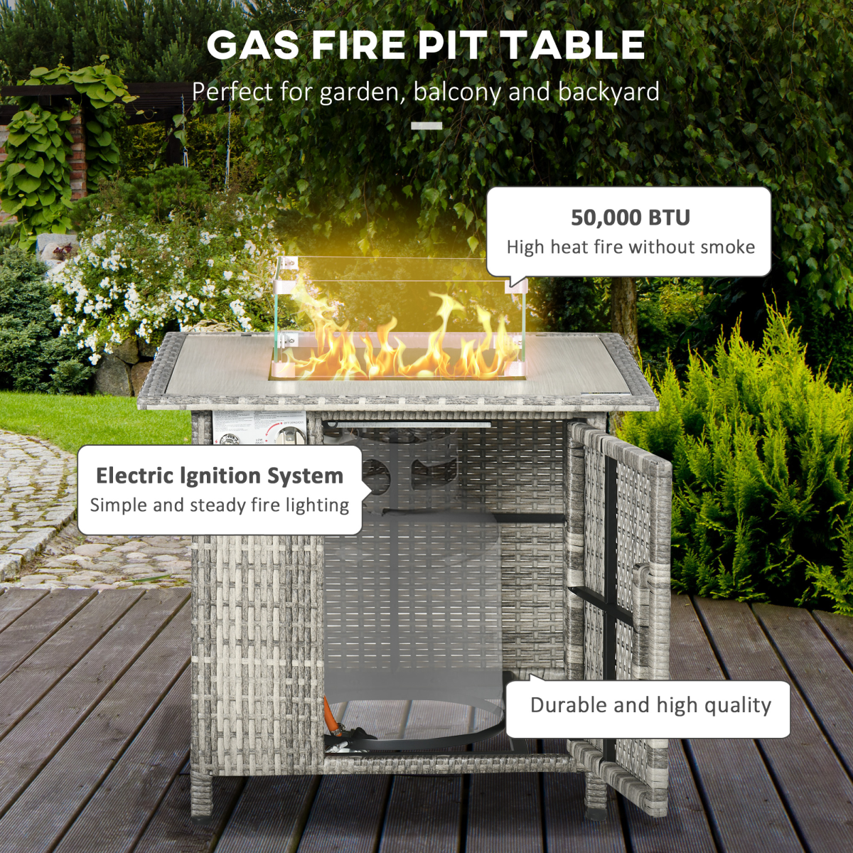 Outsunny 50,000 BTU Gas Fire Pit Table w/ Rain Cover, Wind Guard & Lava Stone - Image 4