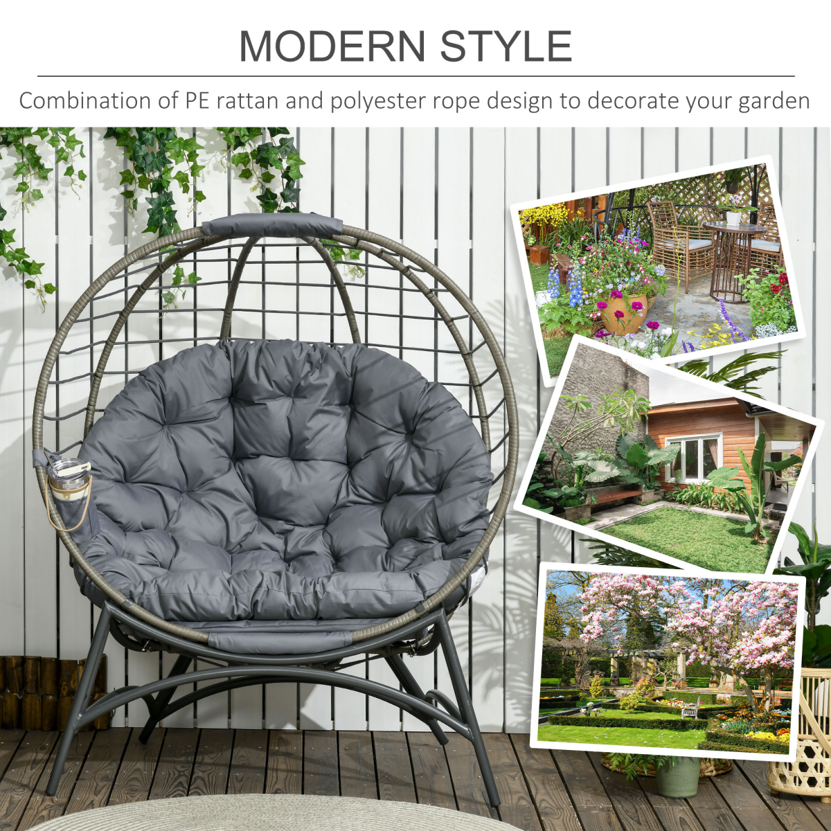Outsunny Rattan Egg Chair with Cushion & Folding Bottle Holder Basket Bag - Image 4