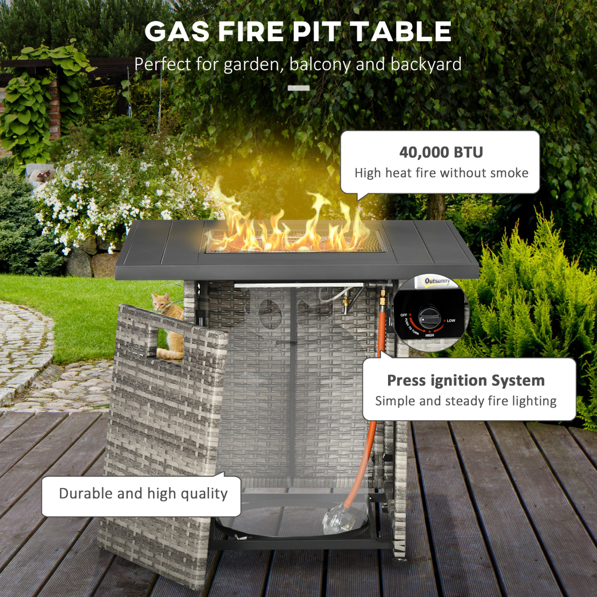 Outsunny 40,000 BTU Gas Fire Pit Table w/ Rain Cover & Mesh Lid, Lava Stone - Image 4