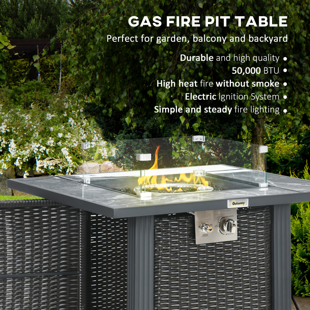 Outsunny 50,000BTU Gas Fire Pit Table w/ Rain Cover, Wind Guard & Glass Stones - Image 4