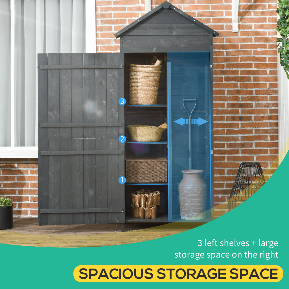 Outsunny Wooden Outdoor Garden Shed Utility Tool Storage Cabinet Grey - Image 4