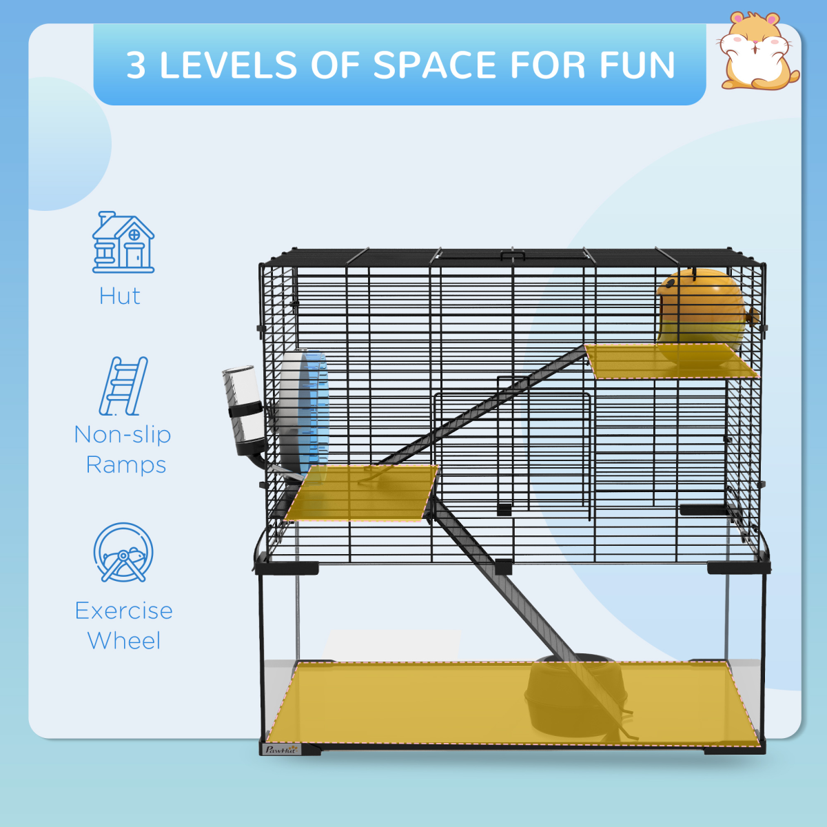 3 Tiers Hamster Cage w/ Deep Glass Bottom, Dish, Hut, 60 x 40 x 57cm - Image 4