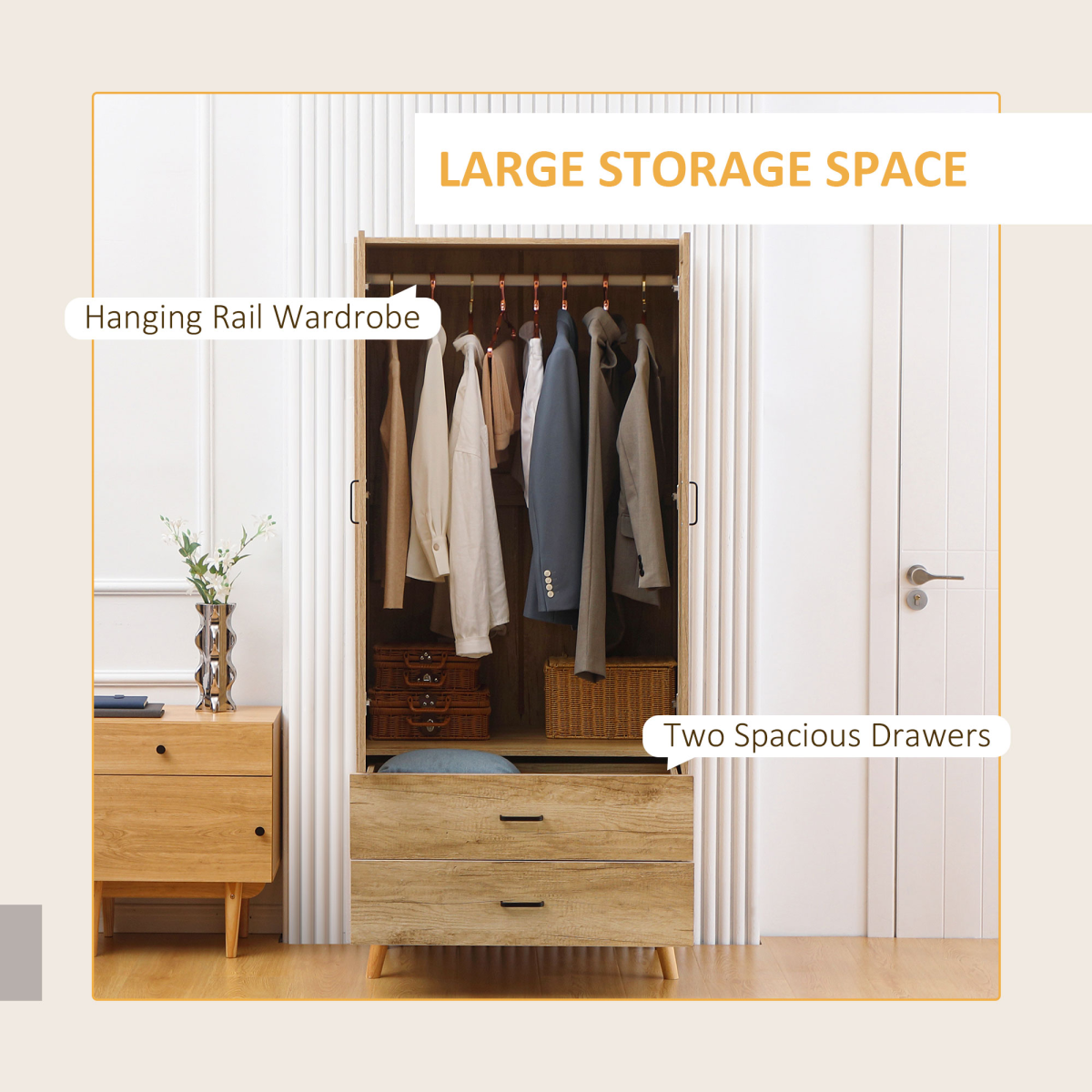 2 Door Wardrobe, Modern Wardrobe w/ 2 Drawer, Hanging Rail for Bedroom Natural - Image 4