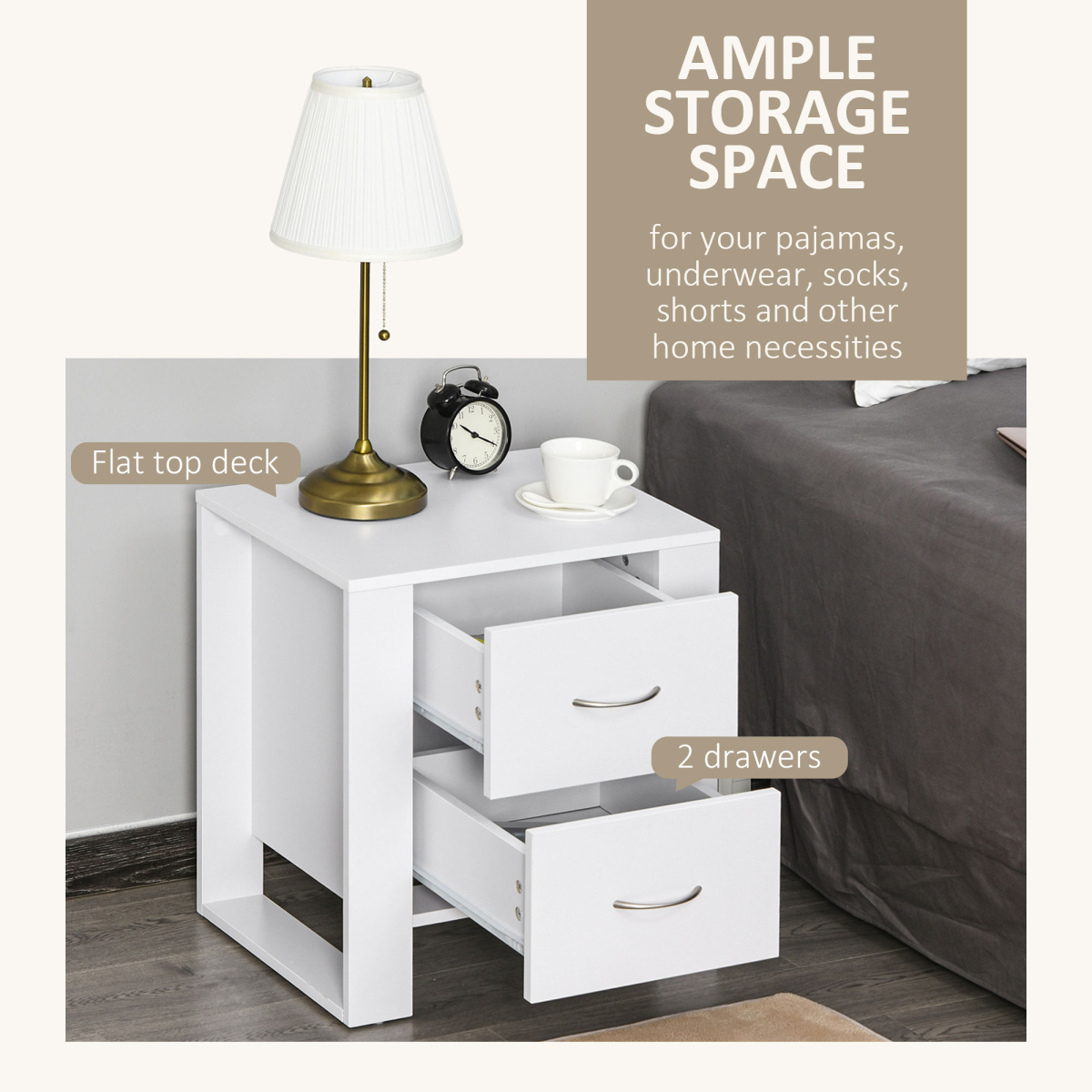 White Particle Board 2-Drawer Bedside Table with Silver Handles - Image 4