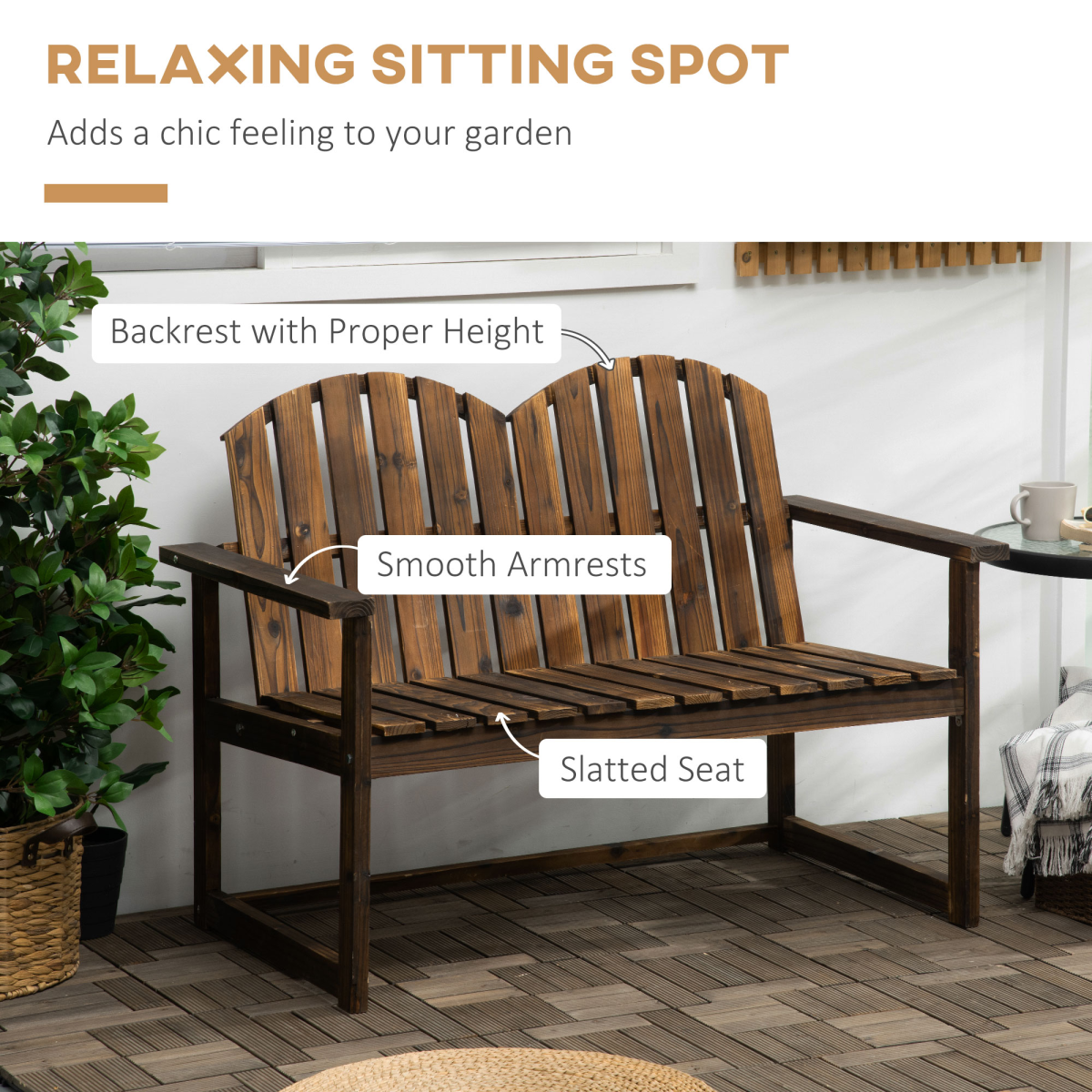 Outdoor Wooden Garden Bench, Patio Loveseat Chair with Slatted Backrest and Smooth Armrests for Two People - Image 4