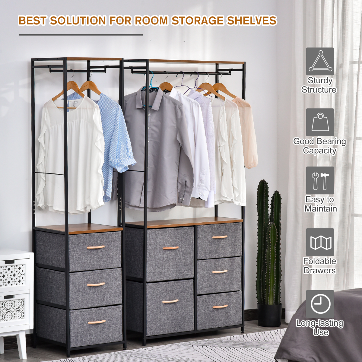 175x83cm Freestanding Steel Coat Rack with Drawers & Oak Shelf - Image 4