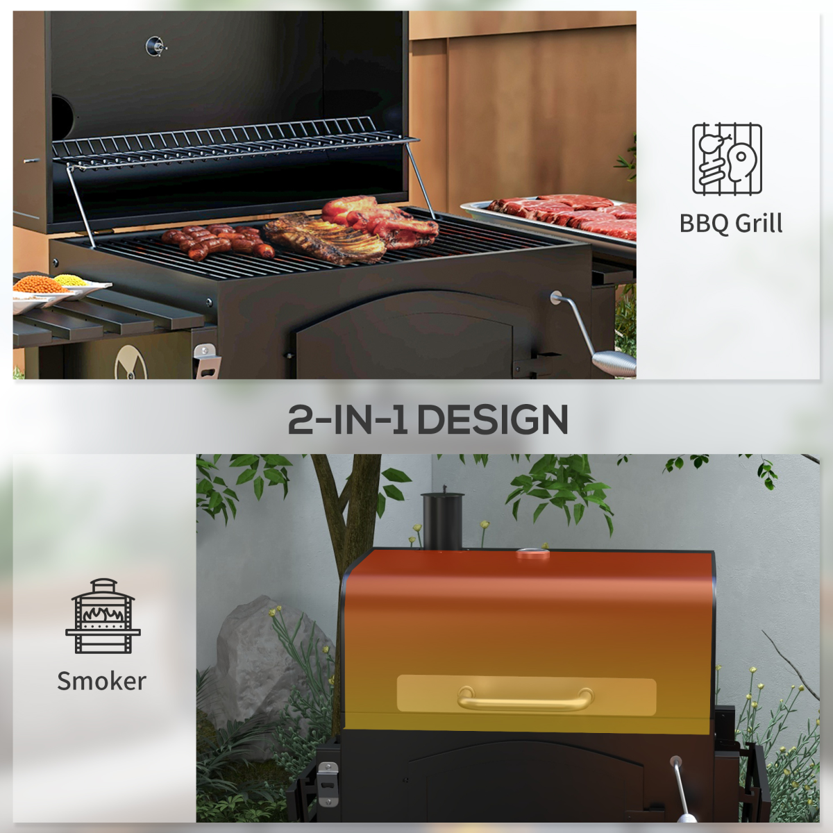 Outsunny 3-in-1 Charcoal BBQ Trolley Smoker w/ Adjustable Charcoal & Thermometer - Image 4