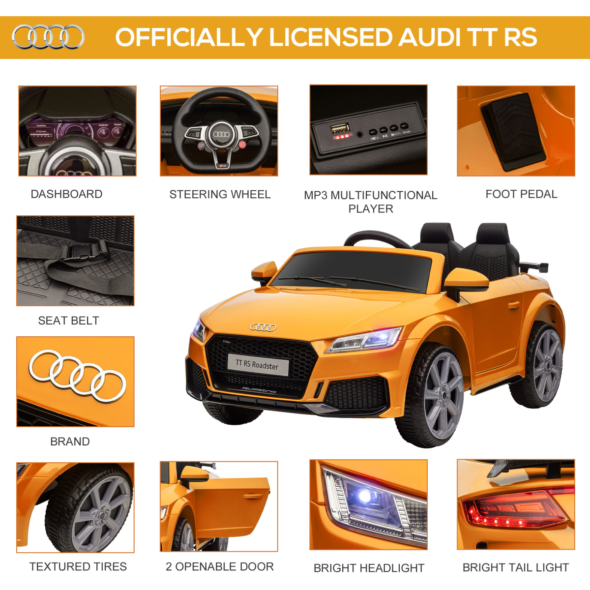 12V Battery Licensed Audi TT RS Ride-On Car w/ Removable Highlights, MP3 Player - Image 4