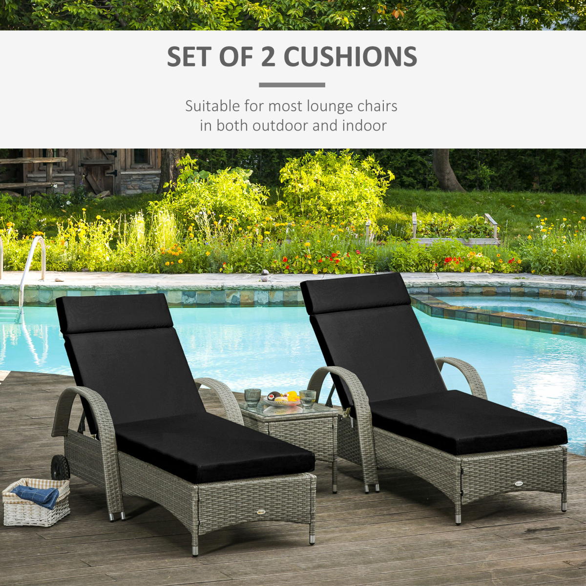 Set of 2 Lounger Cushions Deep Seat Patio Cushions with Ties Black - Image 4