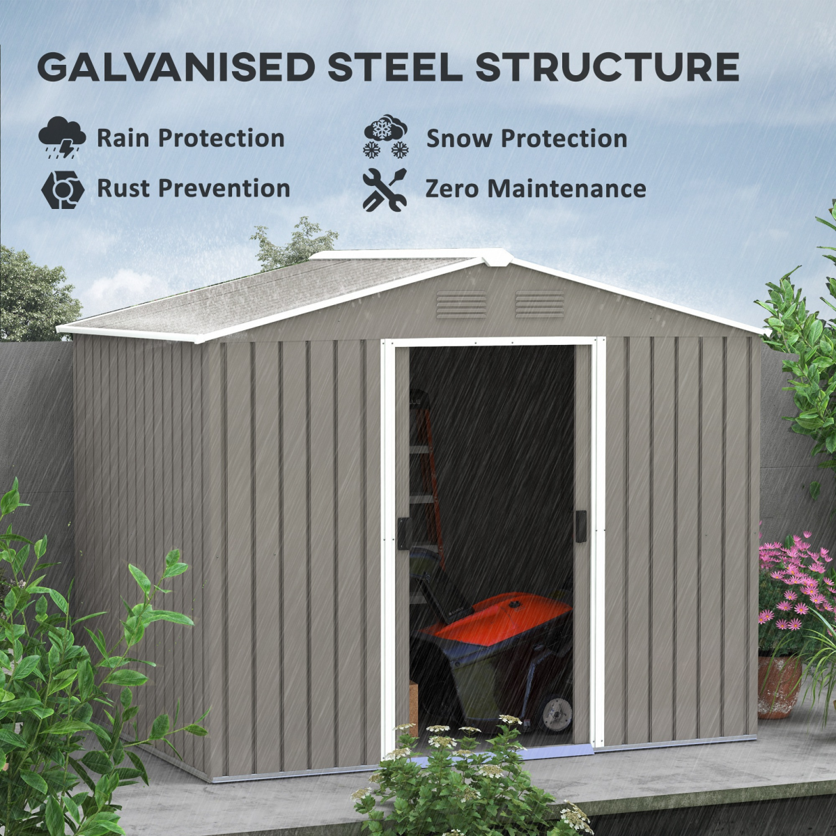 Outsunny 8 x 6ft Garden Storage Shed w/ Double Sliding Door Outdoor Light Grey - Image 4