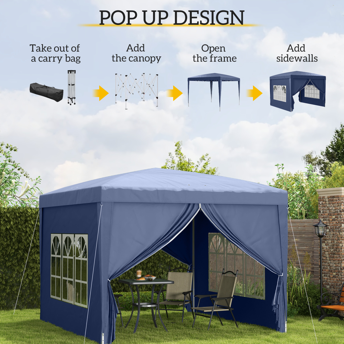 3mx3m Pop Up Gazebo Party Tent Canopy Marquee with Storage Bag Blue - Image 4