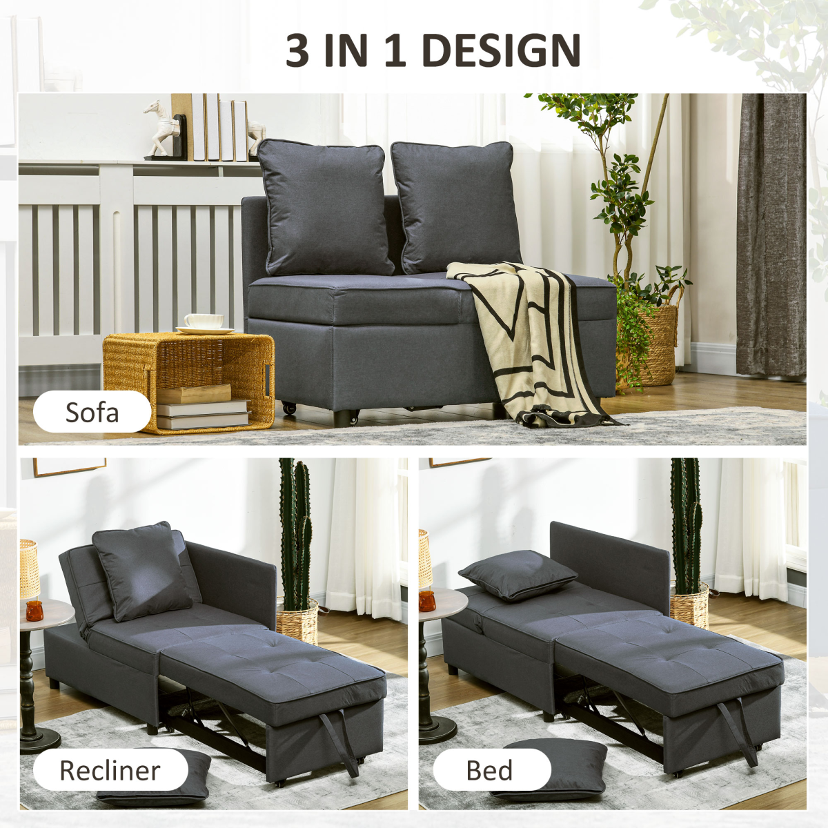 HOMCOM Folding Sleeper Sofa Bed Chair with Pillows, Pocket, Grey - Image 4